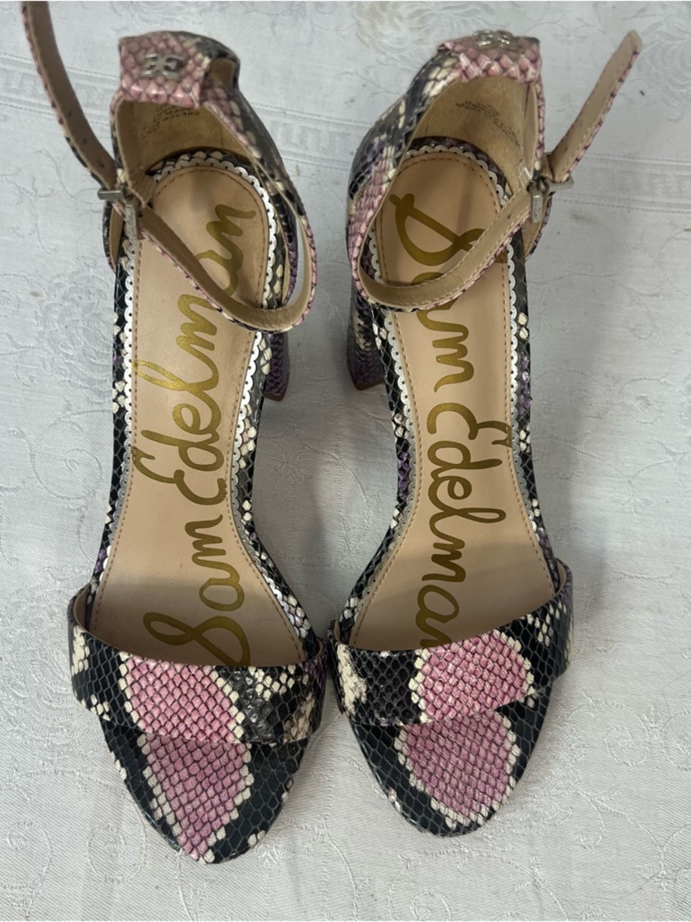 Sam Edelman Yaro Sandals Snakeskin 4” Block Heel Ankle Strap Black Pink Purple 7